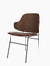 The Penguin Dining Chair at an angle, with a walnut backrest, dark brown Dakar leather seat, and a slim black frame.
