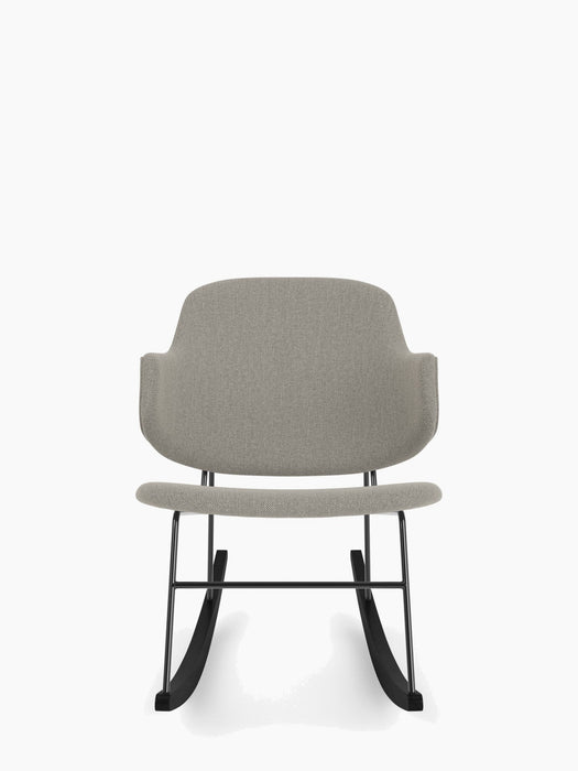 Front view of The Penguin Rocking Chair, fully upholstered in light grey Re-wool fabric, with a black steel frame & rockers.