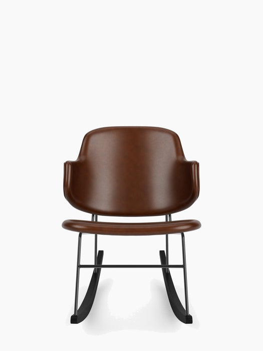 Front view of The Penguin Rocking Chair, fully upholstered in brown Dakar leather with a black steel frame and black rockers.