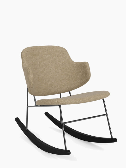 The Penguin Rocking Chair, Fully Upholstered, in beige fabric with a slim black metal frame and black wooden rocking legs.