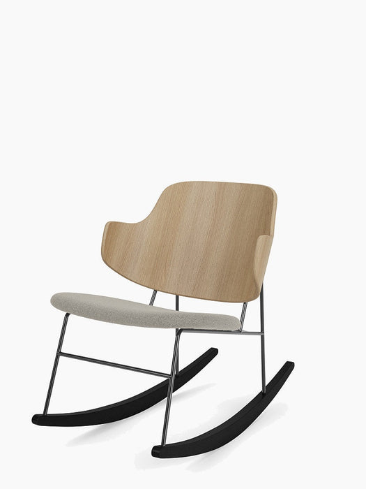 A studio shot of the Penguin Rocking Chair, showing its natural oak back, grey Re-Wool seat, and black metal rockers.