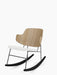 Angled view of The Penguin Rocking Chair with a Natural Oak back, a white Hallingdal seat, and a black steel frame.