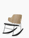 The Penguin Rocking Chair with a natural oak backrest, a black upholstered seat, and a slender black metal frame and rockers.