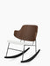 Angled view of The Penguin Rocking Chair with a walnut backrest, a textured white upholstered seat, and a black metal frame.