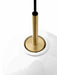 A close-up of the TR Bulb Pendant, showing the brushed brass fixture connecting the black cord to the white opal glass.
