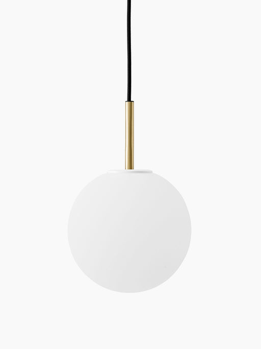 A TR Bulb Pendant light with a spherical white opal glass shade, a brushed brass fixture, and a black suspension cord.