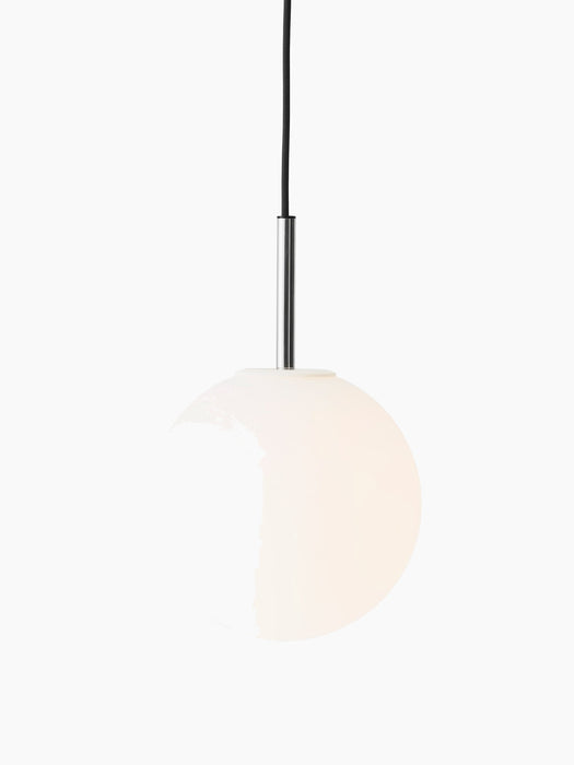 Front view of the TR Bulb, Pendant light, with a glowing white opal glass shade, polished steel fixture, and black cord.