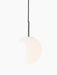 Front view of the TR Bulb, Pendant light, with a glowing white opal glass shade, polished steel fixture, and black cord.