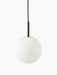 TR Bulb Pendant light with a black fixture and cord, with a spherical white opal glass shade, against a white background.