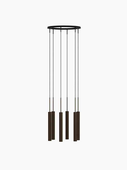 Front view of the Tubulaire Chandelier 6, showing six bronzed brass reeded pendants suspended from a circular black base.