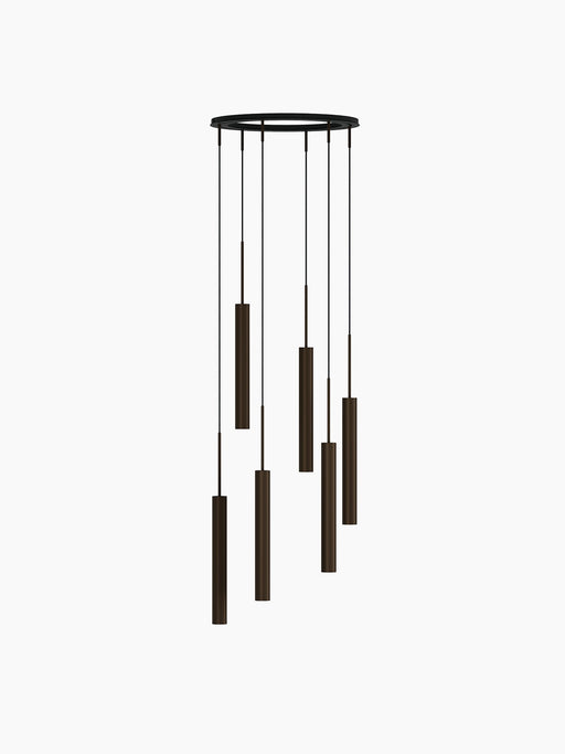 A product image of the Tubulaire Chandelier with 6 bronzed brass pendants hanging in a spiral formation from a black frame.