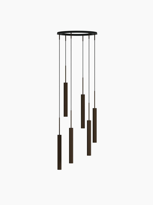 A product image of the Tubulaire Chandelier with 6 bronzed brass pendants hanging in a spiral formation from a black frame.