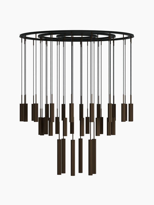 A tiered Tubulaire Chandelier with a black circular frame and 38 bronzed, reeded pendant lights against a white background.