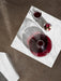 Overhead view of a glass Winebreather carafe and a glass of red wine on a white marble Plinth table next to a bowl of snacks.