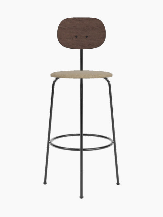 Front view of the Afteroom Bar Chair Plus with a dark stained oak backrest, beige upholstered seat, and black metal frame.