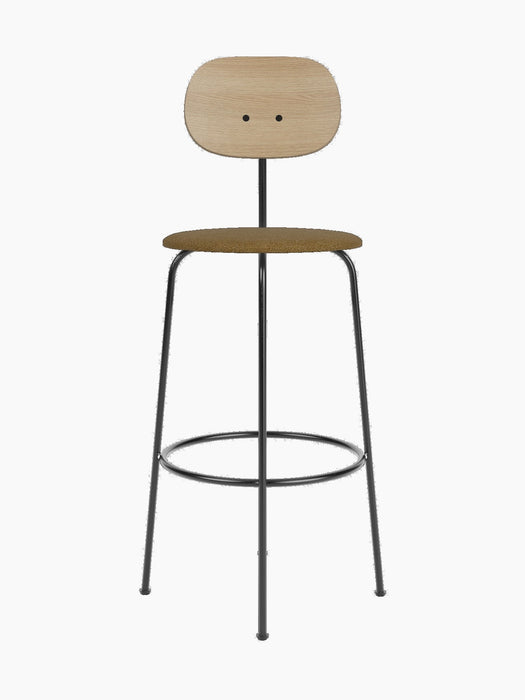 Front view of the Afteroom Bar Chair Plus with a natural oak backrest, a brown upholstered seat, and a black metal frame.