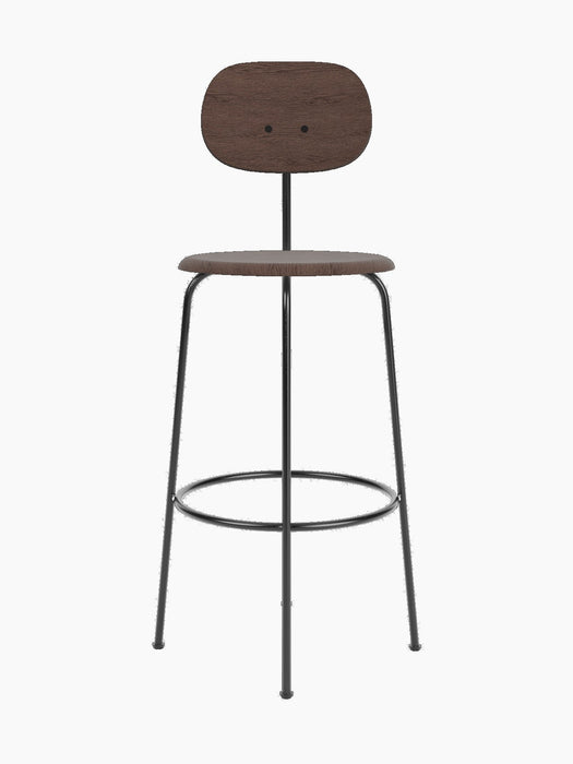Front view of the Afteroom Bar Chair Plus, Veneer, with a dark stained oak seat and backrest on a slender black frame.