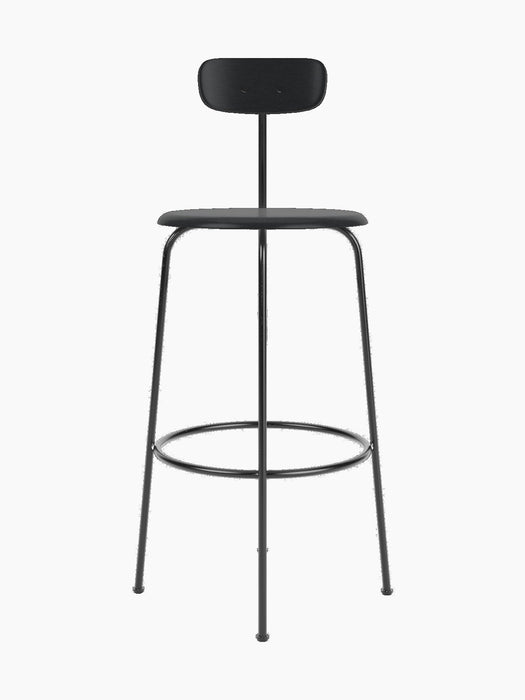 Front view of the Afteroom Bar Chair, Veneer in black. A minimalist design with a steel frame and wood veneer.