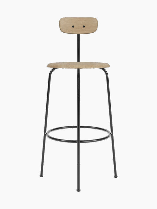 Front view of the Afteroom Bar Chair, Veneer in natural oak with a black powder-coated steel frame, on a black background.