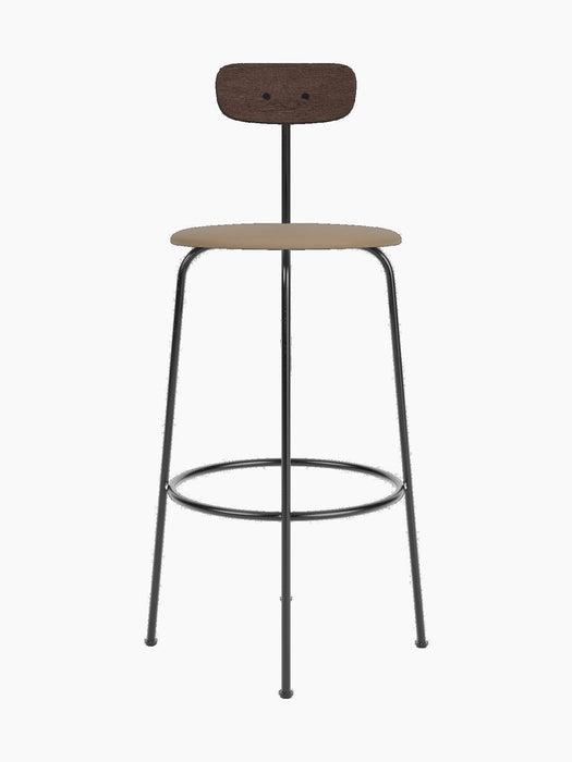 Front view of the Afteroom Bar Chair with a dark wood backrest, a beige upholstered seat, and a slender black steel frame.