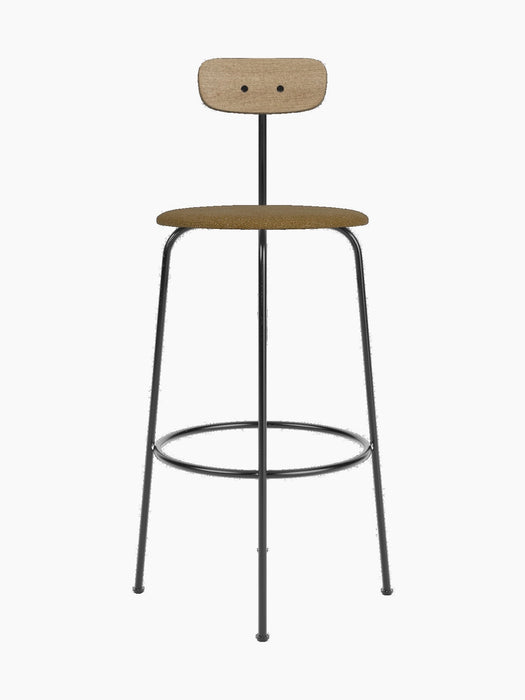Front view of the Afteroom Bar Chair with a natural oak backrest, a brown upholstered seat, and a slim black steel frame.