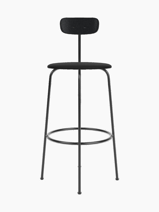 Front-on view of the Afteroom Bar Chair, Seat Upholstered, in black with a minimalist steel frame and a low backrest.