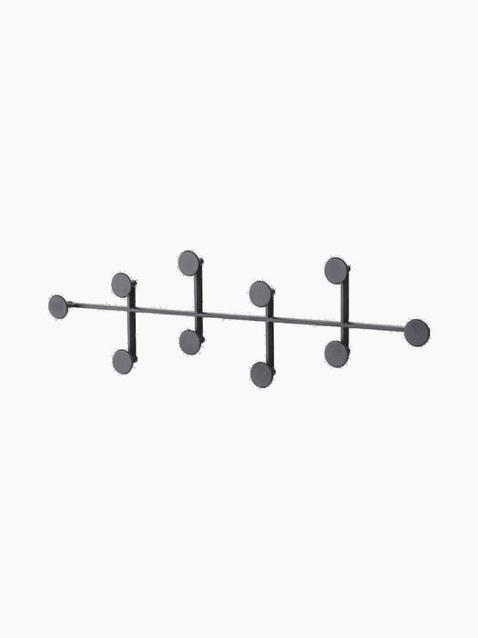 Angled view of the Afteroom Coat Hanger in Black. It features a long horizontal bar with nine round hooks.