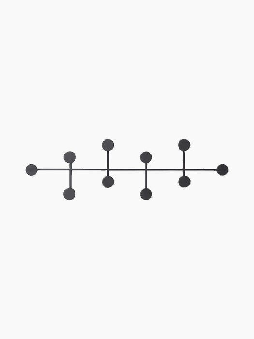 A front view of a long, dark grey wall-mounted coat rack with a horizontal bar and several round hooks at staggered heights.