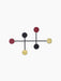 The Afteroom Coat Hanger, a black metal frame with six circular hooks in red, black, and brass against a black backdrop.