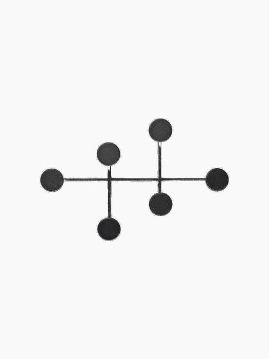 Front view of the Afteroom Coat Hanger in black. The minimalist hanger has six circular hooks branching from a central bar.