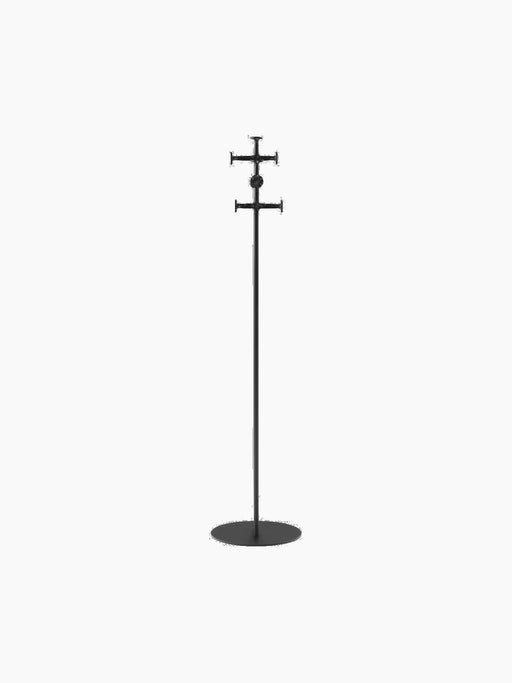 A tall, minimalist black coat stand with a slim pole, flat circular base, and two sets of cross-shaped hooks.