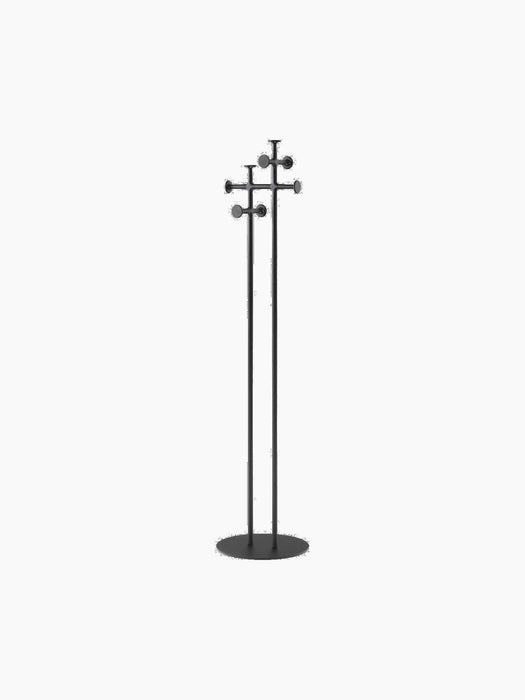 A minimalist black coat stand with a flat circular base, two tall vertical poles, and clusters of round hooks at the top.