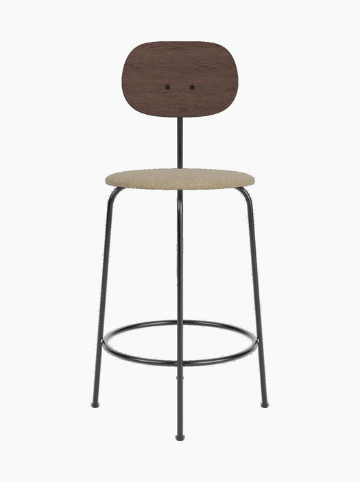Front view of the Afteroom Counter Chair Plus in dark stained oak with a beige bouclé seat and black metal frame.