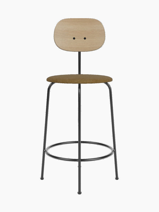 Front view of the Afteroom Counter Chair Plus with a natural oak backrest, brown upholstered seat, and a black metal frame.