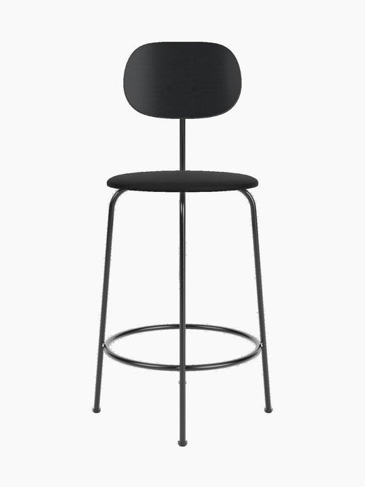 Front view of the Afteroom Counter Chair Plus, Seat Upholstered, in black with a thin metal frame and a wide wood backrest.