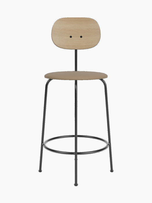 Front view of the Afteroom Counter Chair Plus, with a natural oak backrest, beige upholstered seat, and a black frame