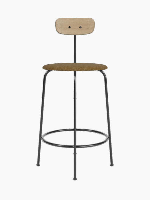Front view of the Afteroom Counter Chair with a black steel frame, textured brown seat, and a light oak backrest.