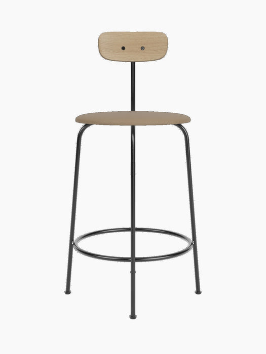 A front view of the Afteroom Counter Chair in natural oak with a tan upholstered seat and black powder-coated steel frame.