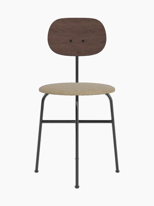 Afteroom Dining Chair Plus with a dark stained oak backrest, a light beige upholstered seat, and a black steel frame.