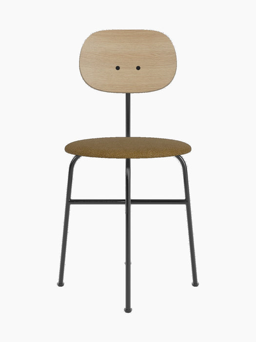 Front view of the Afteroom Dining Chair Plus with a natural oak backrest, a brown upholstered seat, and a black metal frame.