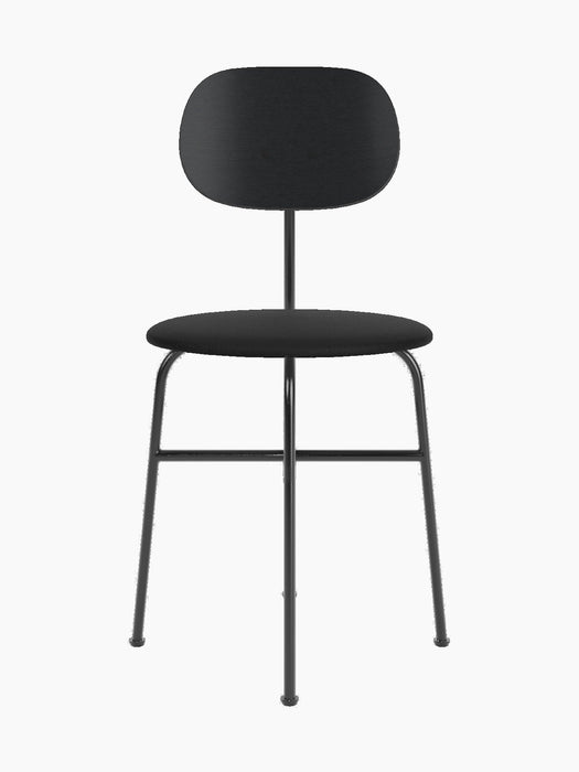 Front view of the black Afteroom Dining Chair Plus. Thin powder-coated steel frame, upholstered seat, wood backrest.