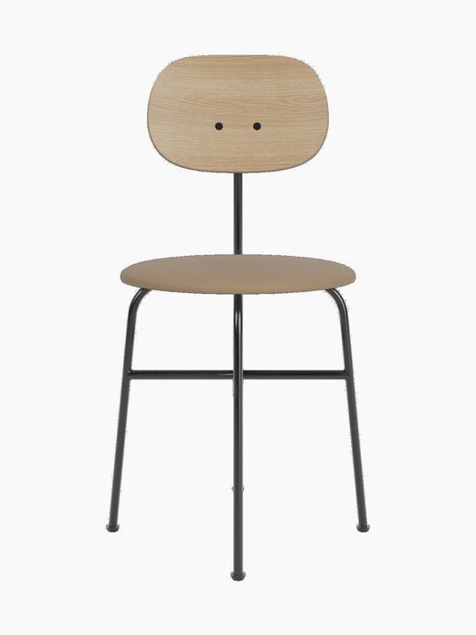 Front view of the Afteroom Dining Chair Plus with a black steel frame, beige upholstered seat, and a natural oak backrest.