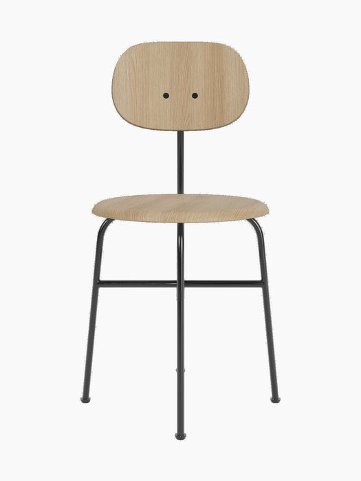 Front view of the Afteroom Dining Chair Plus with a natural oak veneer seat and backrest on a slim, black steel frame.