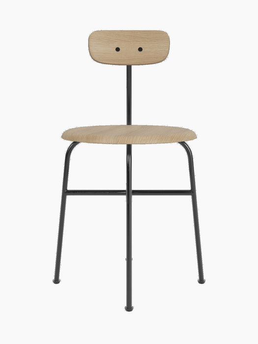 A front-on view of the Afteroom Dining Chair, Veneer, with a natural oak seat and backrest on a slender, black steel frame.