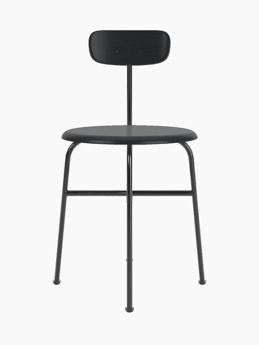 Front view of the Afteroom Dining Chair, Veneer in black. A minimalist chair with a wood seat and back on a slim steel frame.
