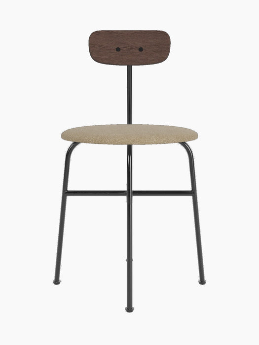 Front view of the Afteroom Dining Chair, Seat Upholstered, dark stained oak backrest, light bouclé seat and black frame.
