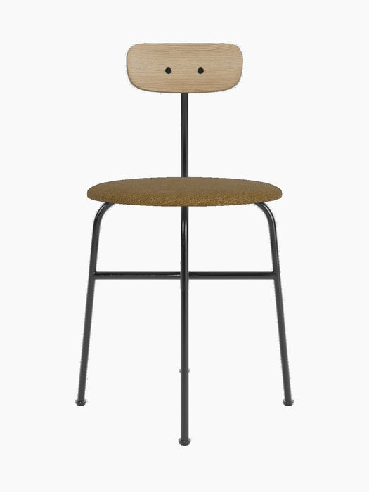 Front view of the Afteroom Dining Chair with a black frame, round brown upholstered seat, and a natural oak wood backrest.