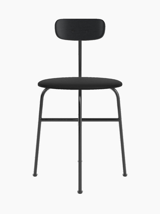 Front view of the Afteroom Dining Chair with a black painted ash backrest, black upholstered seat, and black steel frame.