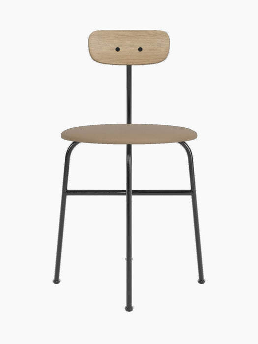 Front view of the Afteroom Dining Chair, Seat Upholstered, with black steel frame, light oak backrest, and tan seat.