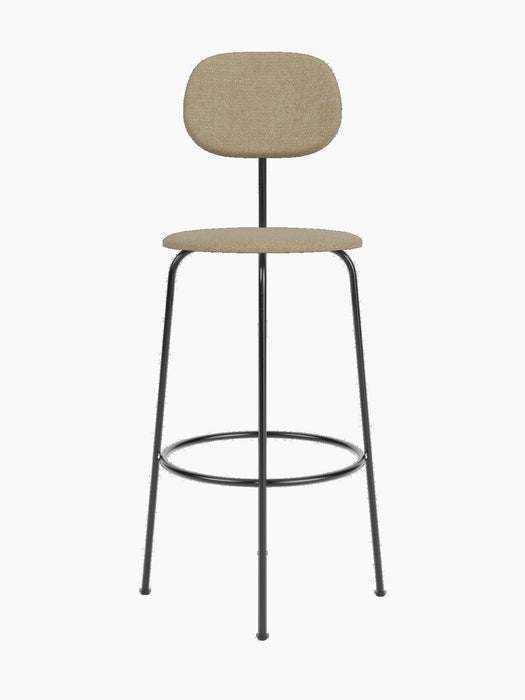 Front view of the Afteroom Bar Chair Plus, Fully Upholstered, with beige upholstered seat and back on a black metal frame.